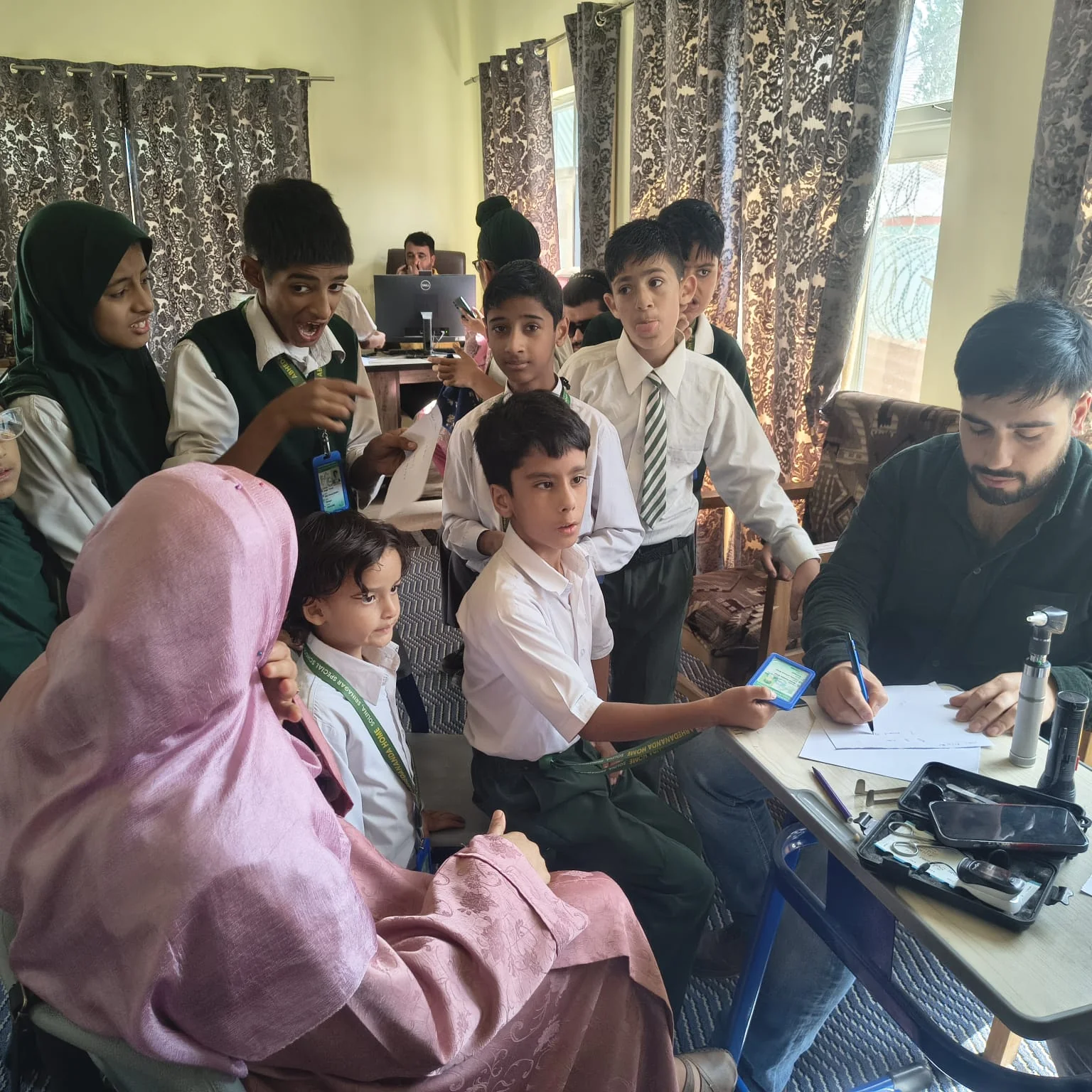 Students meeting the team during hearing and speech screening at Abhedananda Home